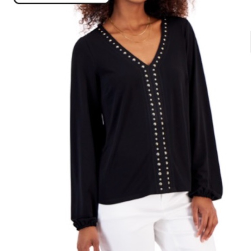 INC International Concepts Women’s Embellished Studded Black Top V-Neck 
New L
